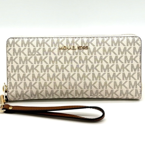 Michael Kors Large Travel Continental Wallet Wristlet Vanilla/Brown - Picture 2 of 9